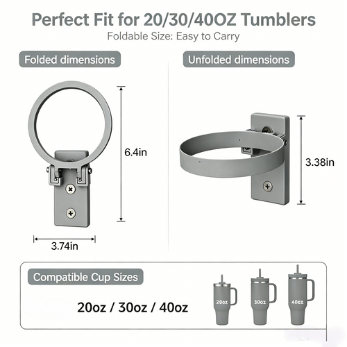 Foldable Magnetic Cup Holder for 20-40oz Tumblers with Handles, Triple Strong Magnets, Water Bottle Holder for Desk, Fridge, Gym, Car, RV, Game Day